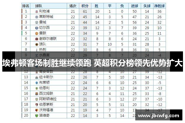 埃弗顿客场制胜继续领跑 英超积分榜领先优势扩大