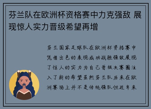 芬兰队在欧洲杯资格赛中力克强敌 展现惊人实力晋级希望再增