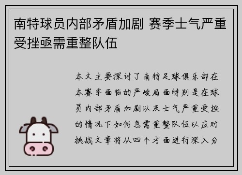 南特球员内部矛盾加剧 赛季士气严重受挫亟需重整队伍