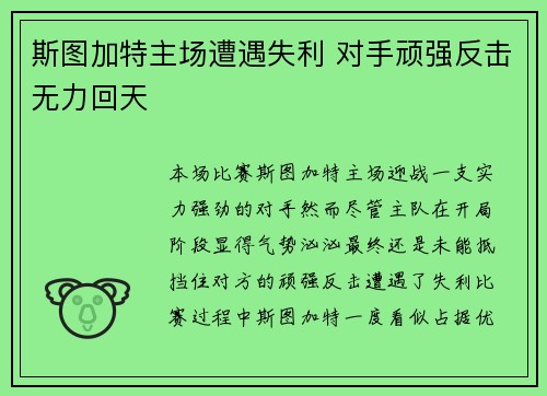 斯图加特主场遭遇失利 对手顽强反击无力回天