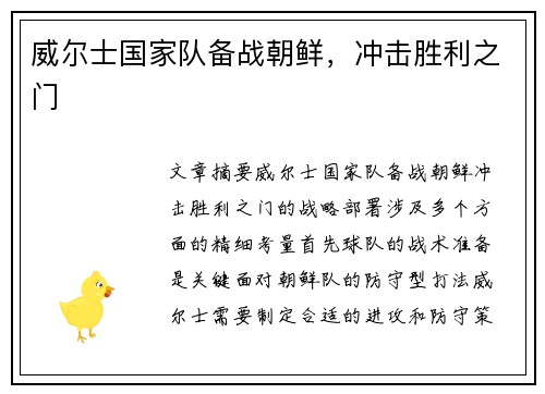 威尔士国家队备战朝鲜，冲击胜利之门